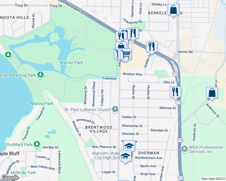 map of restaurants, bars, coffee shops, grocery stores, and more near 2418 North Sherman Avenue in Madison