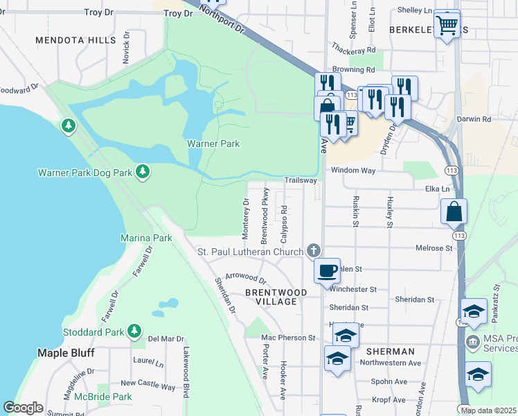 map of restaurants, bars, coffee shops, grocery stores, and more near 2411 Brentwood Parkway in Madison