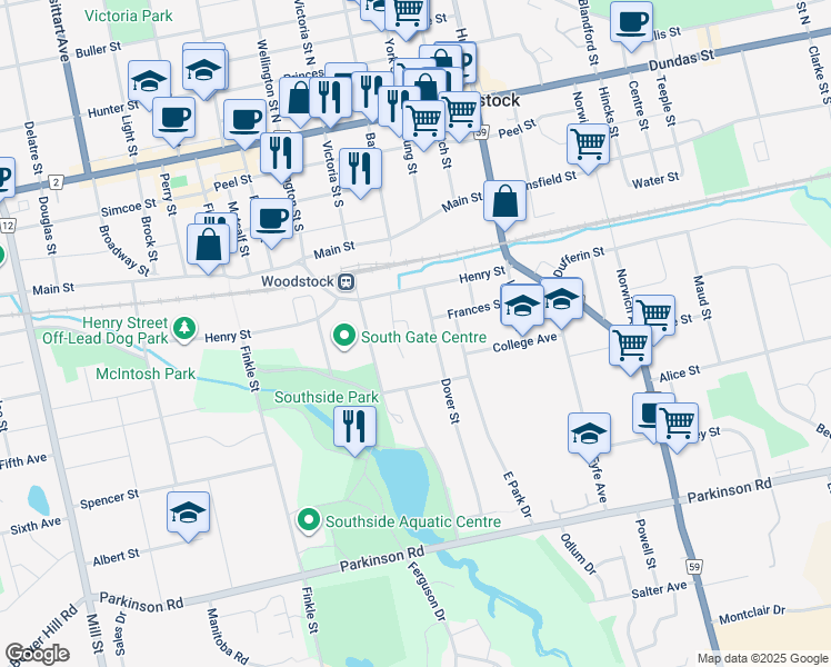map of restaurants, bars, coffee shops, grocery stores, and more near 141 Bay Street in Woodstock