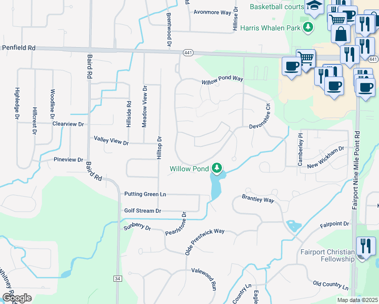 map of restaurants, bars, coffee shops, grocery stores, and more near 22 Oakbriar Court in Penfield