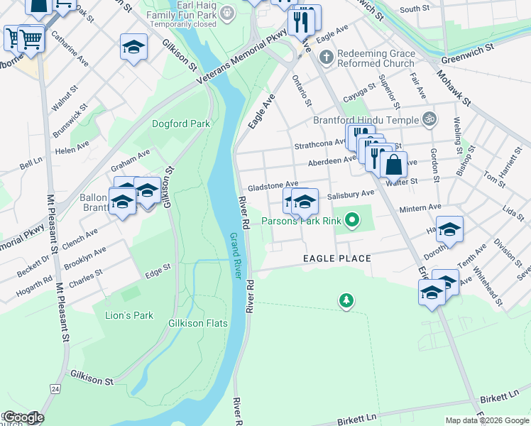 map of restaurants, bars, coffee shops, grocery stores, and more near 37 Pontiac Street in Brantford