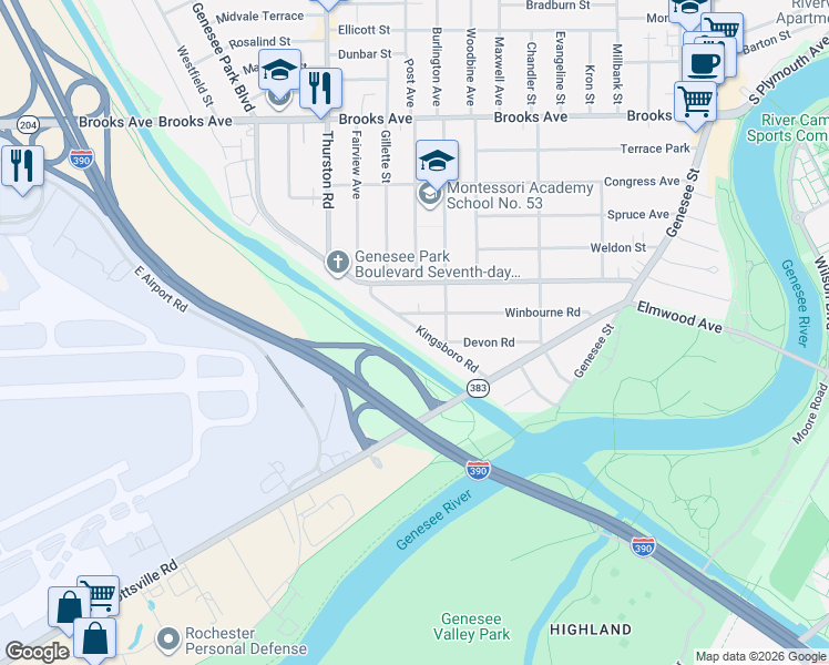 map of restaurants, bars, coffee shops, grocery stores, and more near 121 Kingsboro Road in Rochester
