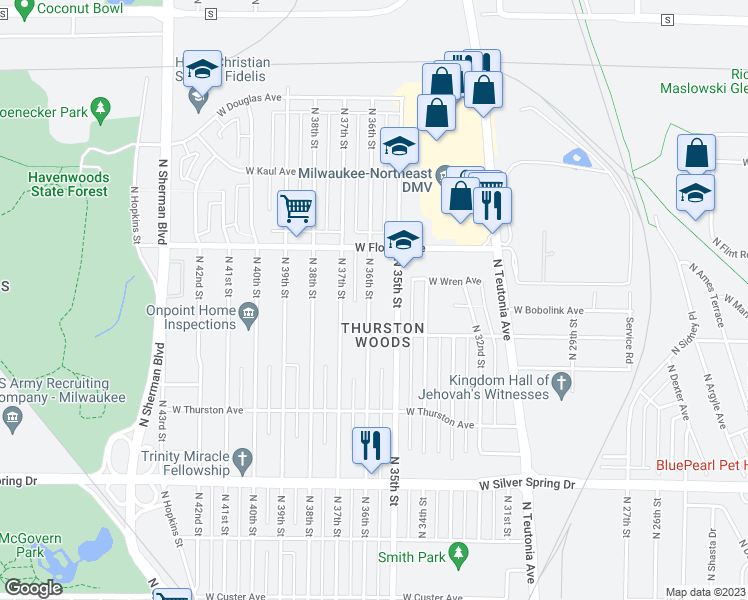 map of restaurants, bars, coffee shops, grocery stores, and more near 5906 North 36th Street in Milwaukee