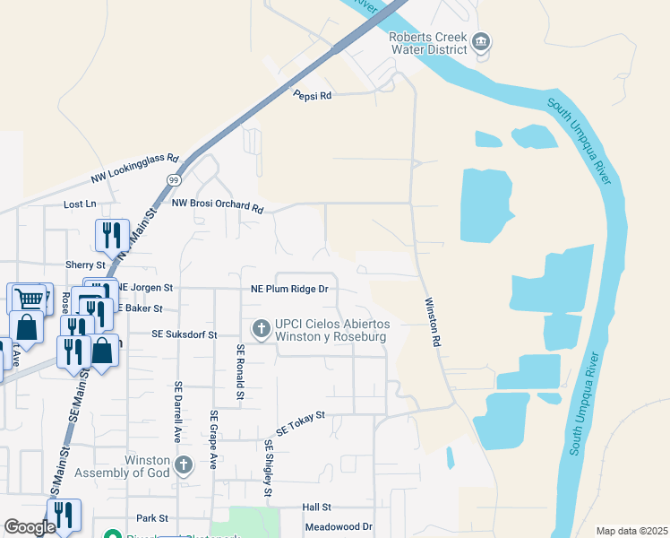 map of restaurants, bars, coffee shops, grocery stores, and more near 268 Northeast Rose Ridge Drive in Winston