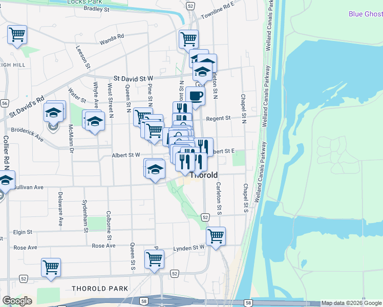 map of restaurants, bars, coffee shops, grocery stores, and more near 15 Albert Street East in Thorold