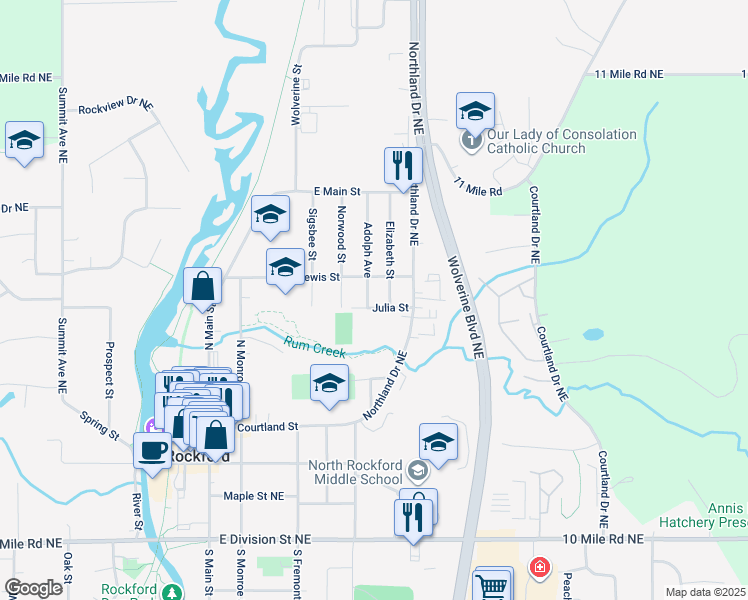 map of restaurants, bars, coffee shops, grocery stores, and more near 258 Adolph Avenue in Rockford