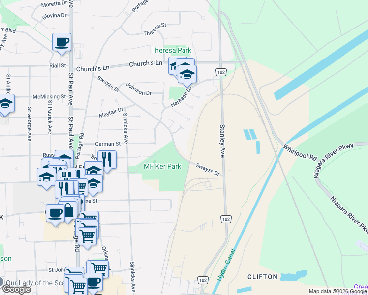 map of restaurants, bars, coffee shops, grocery stores, and more near 5629 Swayze Drive in Niagara Falls