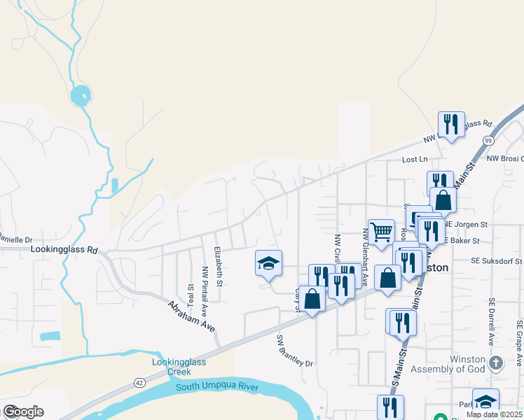 map of restaurants, bars, coffee shops, grocery stores, and more near 380 Northwest Plum Lane in Winston