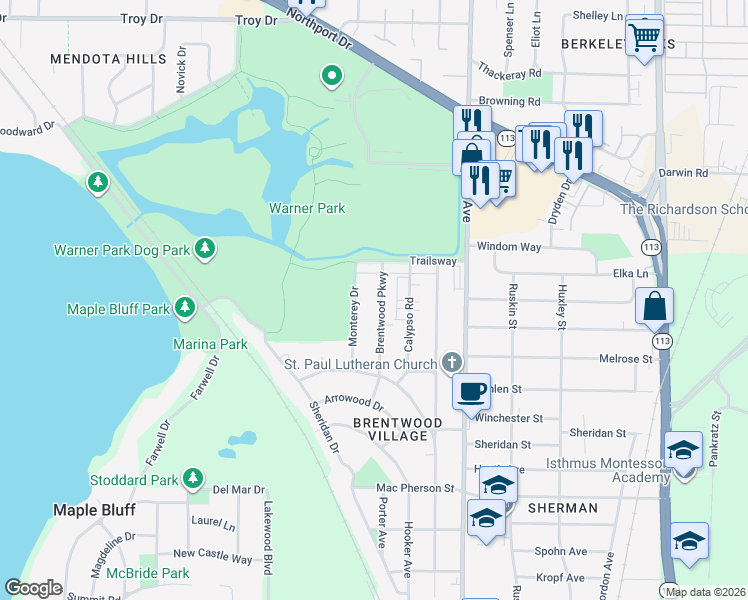 map of restaurants, bars, coffee shops, grocery stores, and more near 2410 Brentwood Parkway in Madison