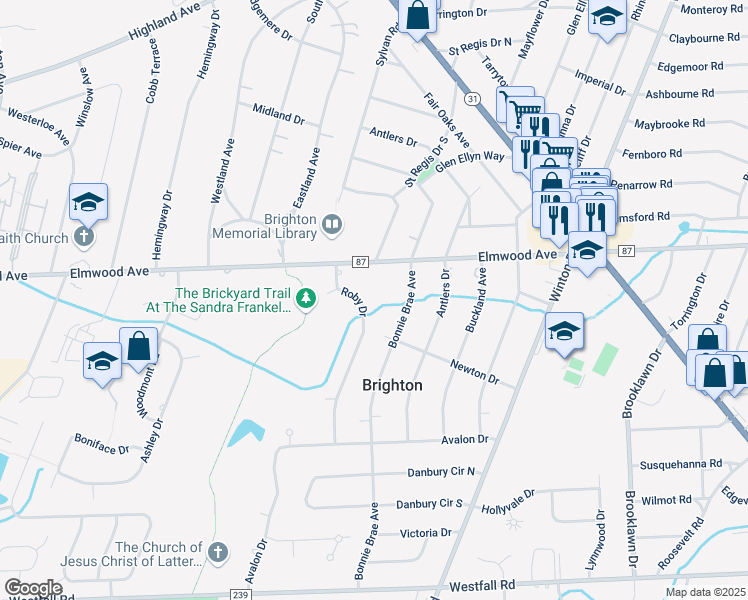 map of restaurants, bars, coffee shops, grocery stores, and more near 26 Roby Drive in Rochester