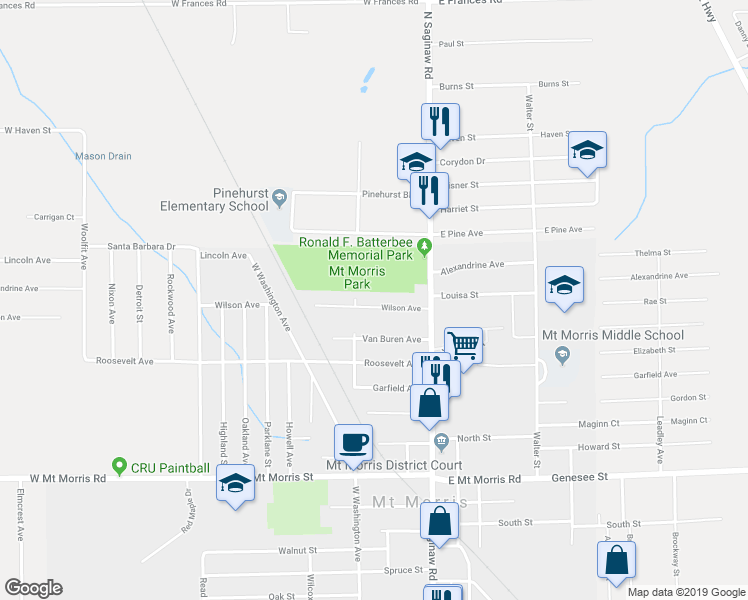 map of restaurants, bars, coffee shops, grocery stores, and more near 613 Wilson Avenue in Mount Morris