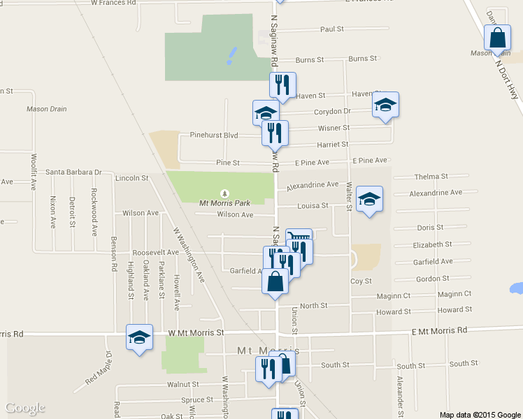 map of restaurants, bars, coffee shops, grocery stores, and more near 651 Wilson Avenue in Mount Morris Township