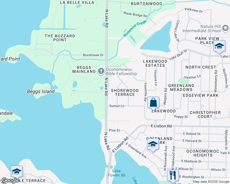map of restaurants, bars, coffee shops, grocery stores, and more near W379N5787 Meadow View Road in Oconomowoc