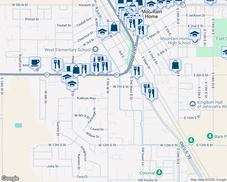 map of restaurants, bars, coffee shops, grocery stores, and more near 400 West 7th South Street in Mountain Home
