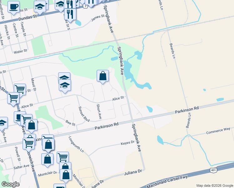 map of restaurants, bars, coffee shops, grocery stores, and more near 60 Tennyson Street in Woodstock
