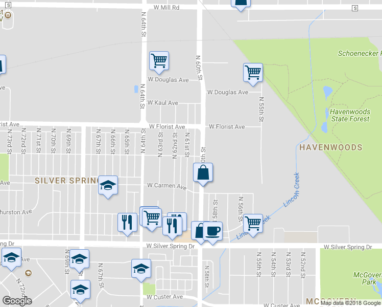 map of restaurants, bars, coffee shops, grocery stores, and more near 5902 North 61st Street in Milwaukee