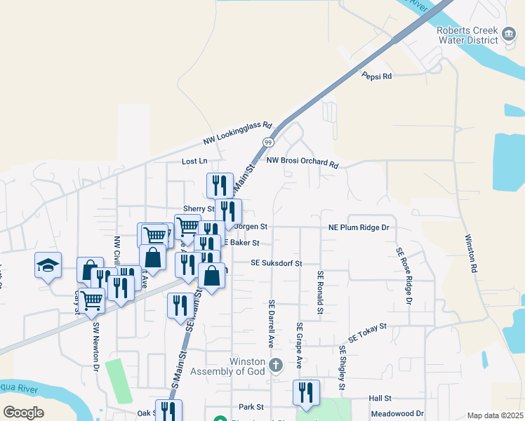 map of restaurants, bars, coffee shops, grocery stores, and more near 130 Northeast Jorgen Street in Winston