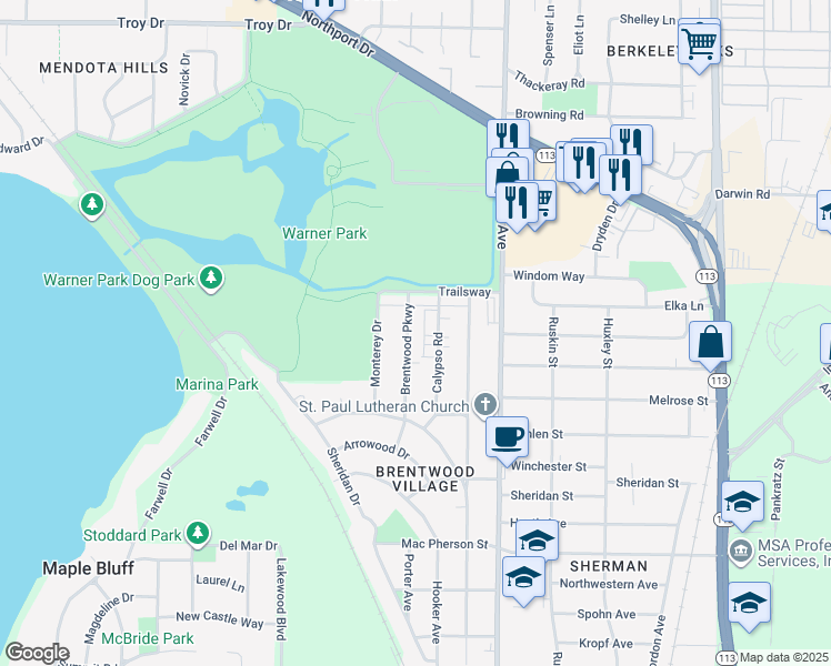 map of restaurants, bars, coffee shops, grocery stores, and more near 2411 Brentwood Parkway in Madison
