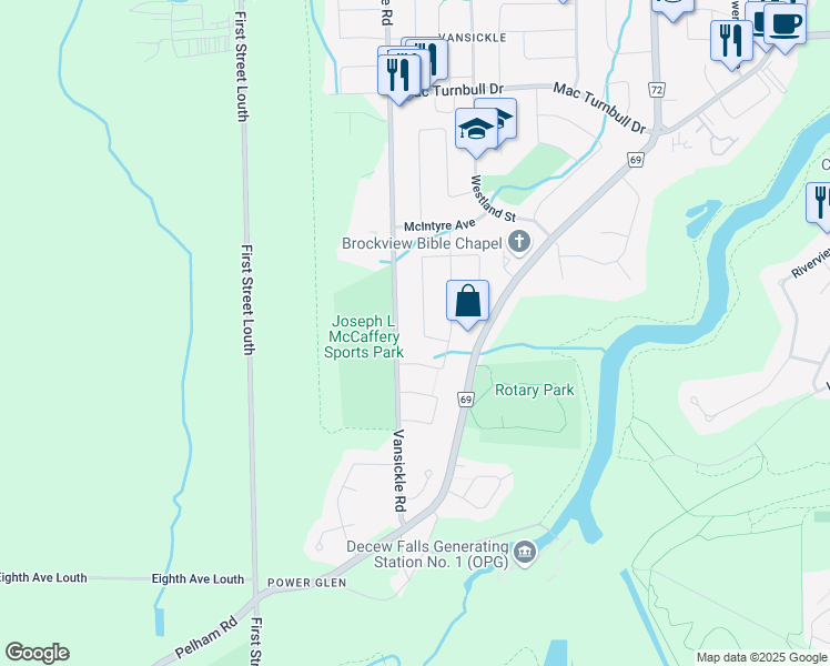map of restaurants, bars, coffee shops, grocery stores, and more near 88 Vansickle Road in St. Catharines