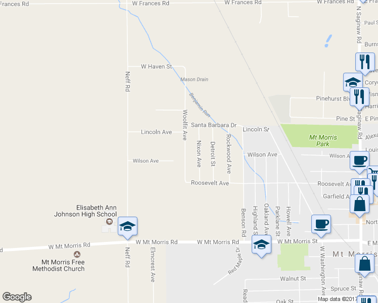map of restaurants, bars, coffee shops, grocery stores, and more near 8328 Woolfit Avenue in Mount Morris
