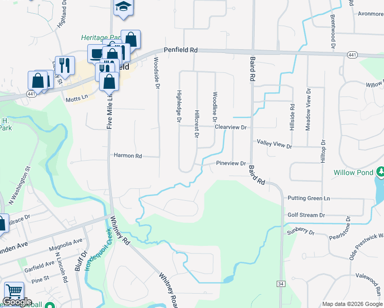 map of restaurants, bars, coffee shops, grocery stores, and more near 83 Hillcrest Drive in Penfield