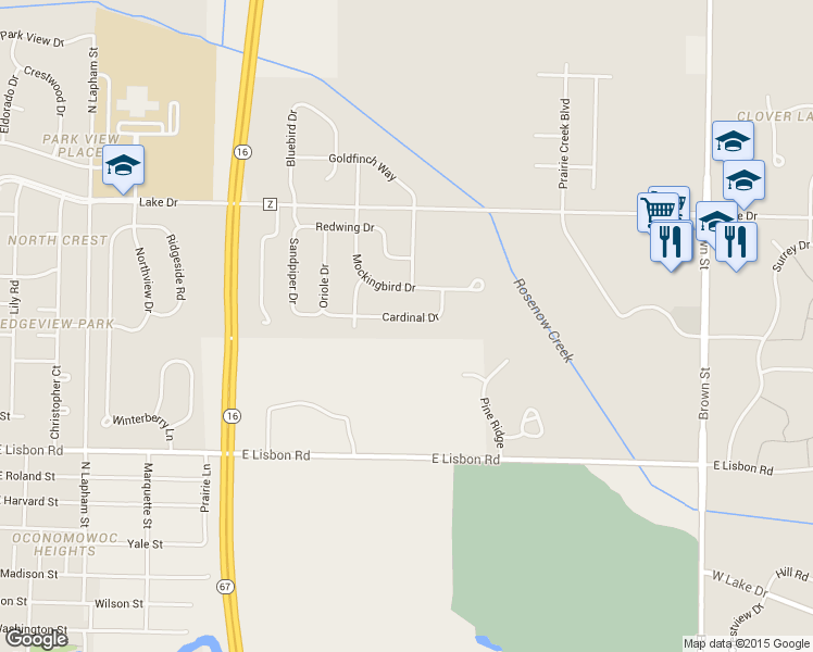 map of restaurants, bars, coffee shops, grocery stores, and more near 1347 Cardinal Dr in Oconomowoc