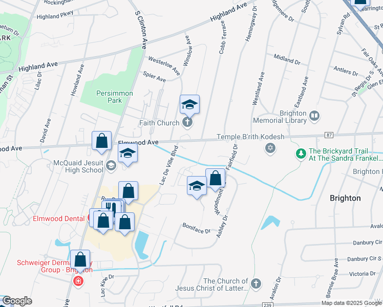 map of restaurants, bars, coffee shops, grocery stores, and more near 1919 Elmwood Avenue in Rochester