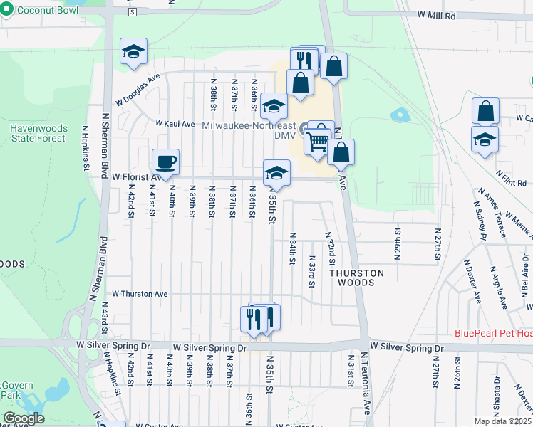 map of restaurants, bars, coffee shops, grocery stores, and more near 5906 North 36th Street in Milwaukee