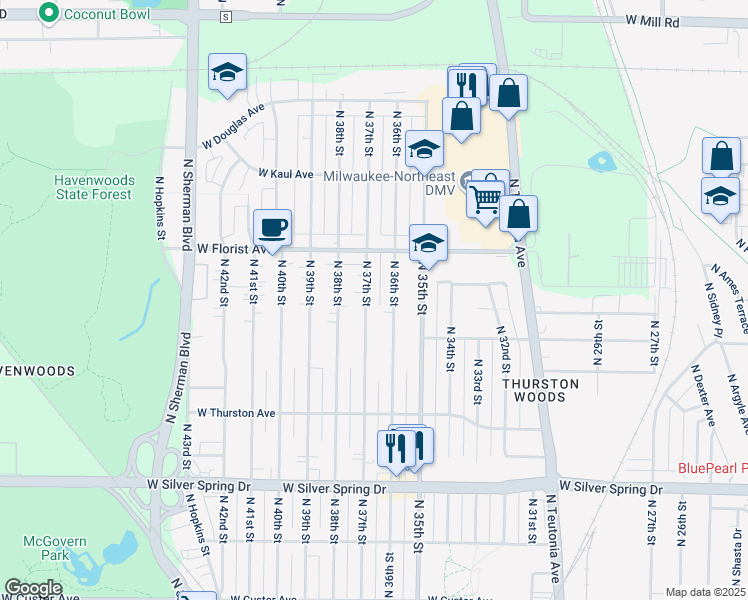map of restaurants, bars, coffee shops, grocery stores, and more near 5908-5910 North 37th Street in Milwaukee