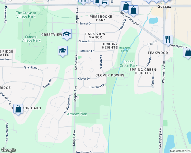 map of restaurants, bars, coffee shops, grocery stores, and more near N59W23826 Clover Drive in Sussex