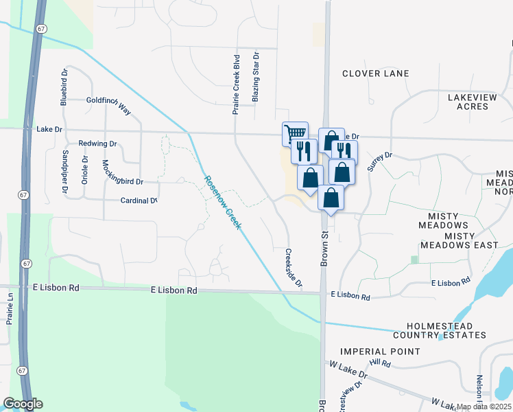 map of restaurants, bars, coffee shops, grocery stores, and more near 1200 Prairie Creek Boulevard in Oconomowoc