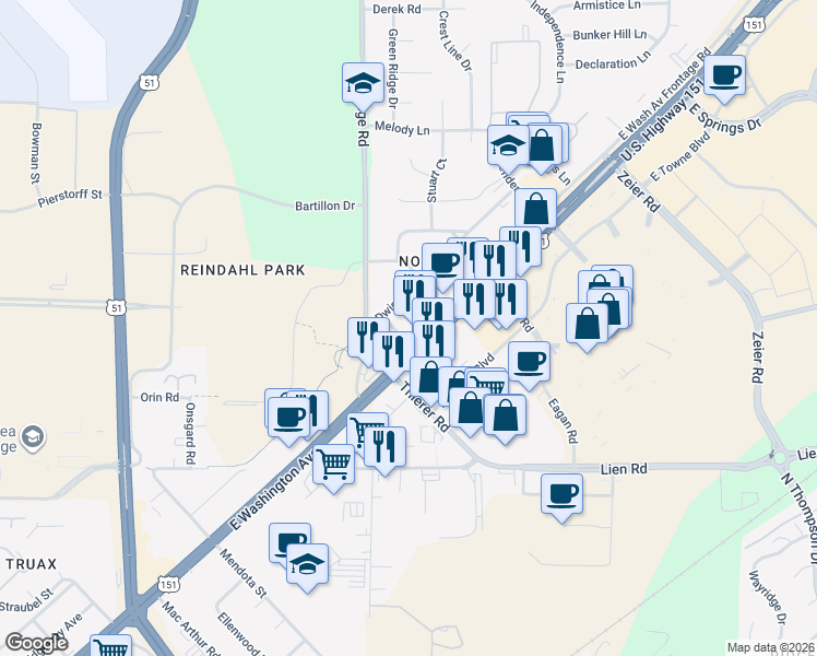 map of restaurants, bars, coffee shops, grocery stores, and more near 4016 East Washington Avenue in Madison