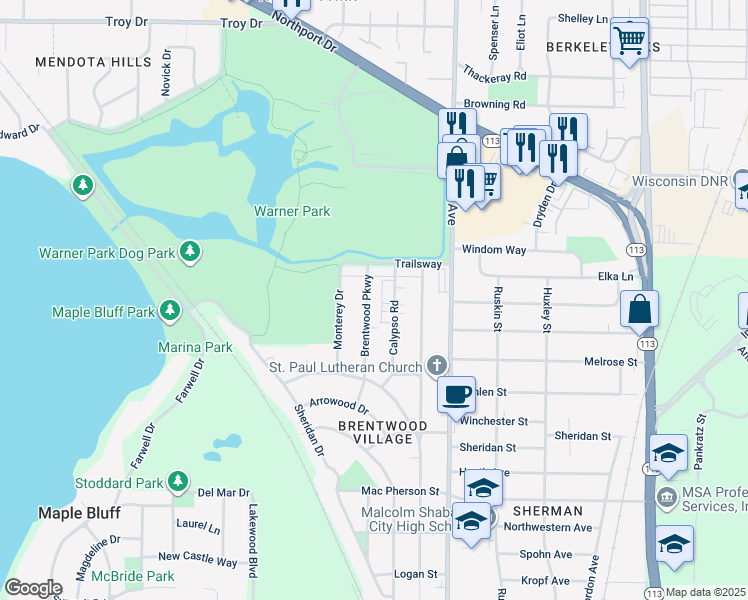 map of restaurants, bars, coffee shops, grocery stores, and more near 2411 Brentwood Parkway in Madison