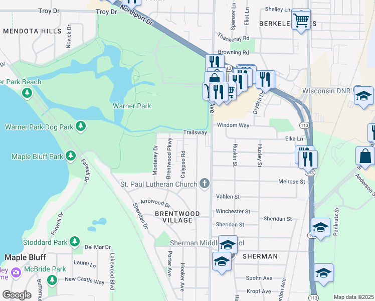 map of restaurants, bars, coffee shops, grocery stores, and more near 2413 Calypso Rd in Madison