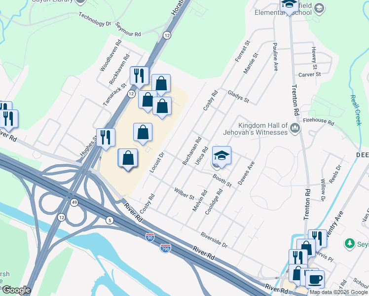 map of restaurants, bars, coffee shops, grocery stores, and more near 616 Cosby Road in Utica