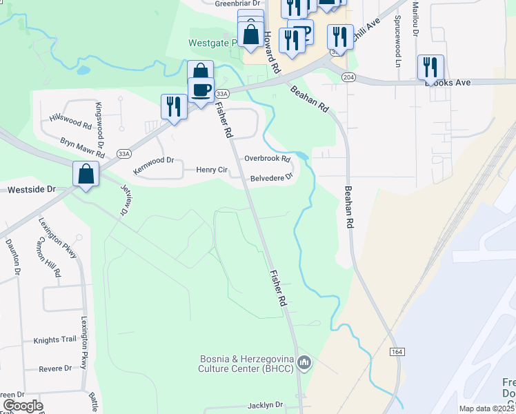 map of restaurants, bars, coffee shops, grocery stores, and more near 206 Fisher Road in Rochester
