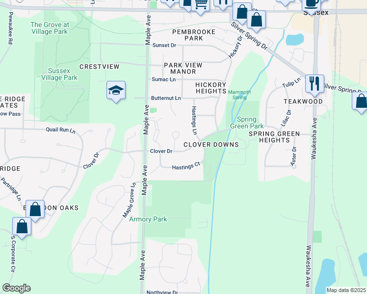 map of restaurants, bars, coffee shops, grocery stores, and more near N59W23826 Clover Drive in Sussex