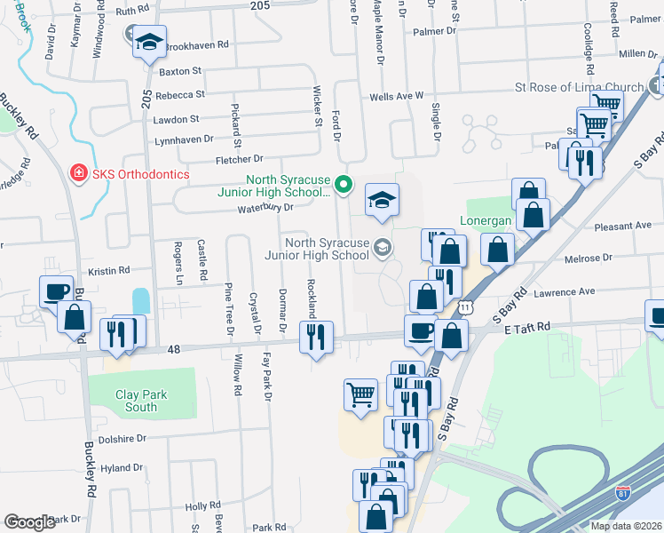map of restaurants, bars, coffee shops, grocery stores, and more near 123 Hazelhurst Ave in North Syracuse