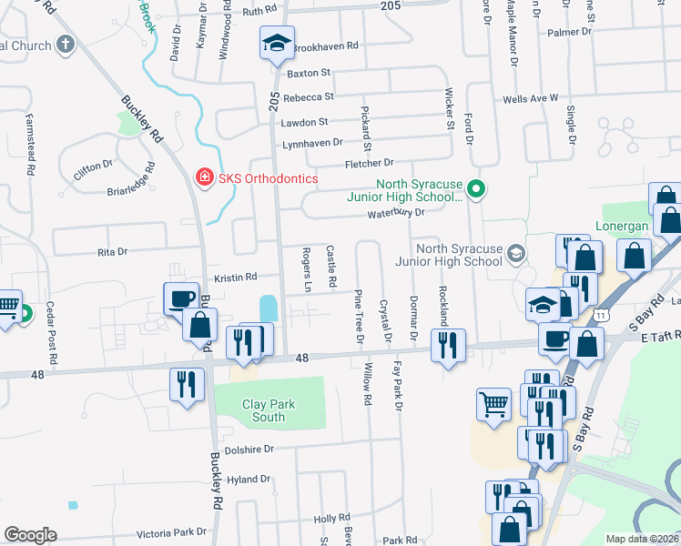 map of restaurants, bars, coffee shops, grocery stores, and more near 106 Castle Road in Syracuse