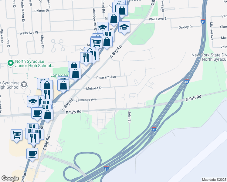 map of restaurants, bars, coffee shops, grocery stores, and more near 342 Melrose Dr in Syracuse
