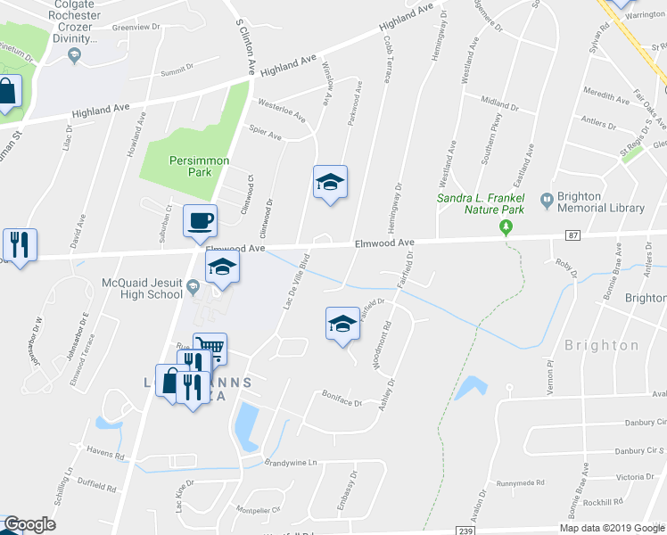 map of restaurants, bars, coffee shops, grocery stores, and more near 1919 Elmwood Avenue in Rochester