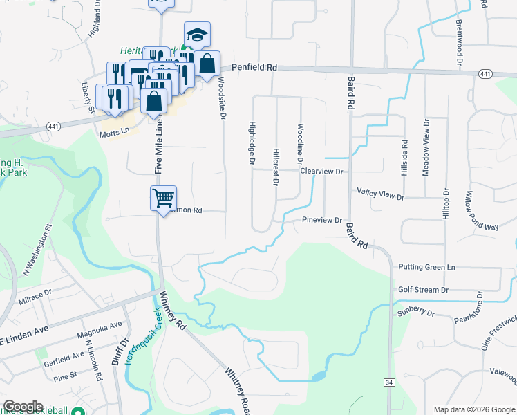 map of restaurants, bars, coffee shops, grocery stores, and more near 83 Hillcrest Drive in Penfield