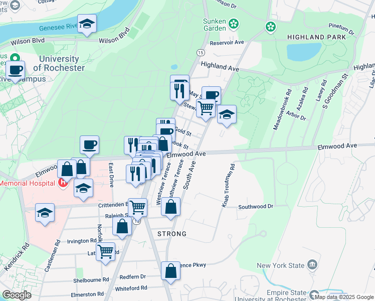 map of restaurants, bars, coffee shops, grocery stores, and more near 1551 South Avenue in Rochester