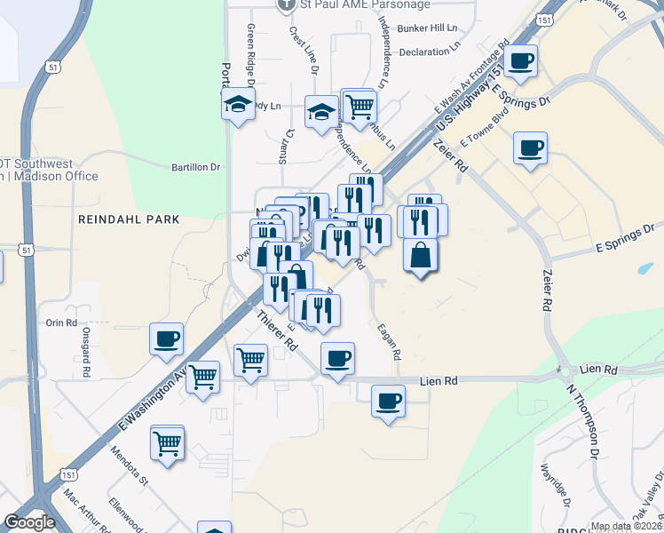 map of restaurants, bars, coffee shops, grocery stores, and more near 4222 East Towne Boulevard in Madison