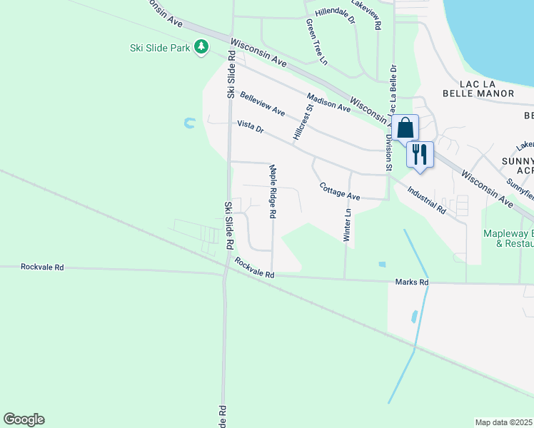 map of restaurants, bars, coffee shops, grocery stores, and more near N7775 Maple Ridge Road in Oconomowoc