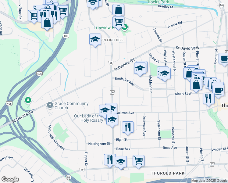map of restaurants, bars, coffee shops, grocery stores, and more near 26 Collier Road North in Thorold