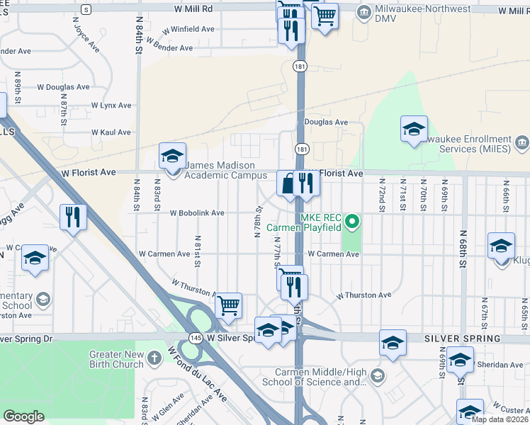 map of restaurants, bars, coffee shops, grocery stores, and more near 5884 North 78th Street in Milwaukee