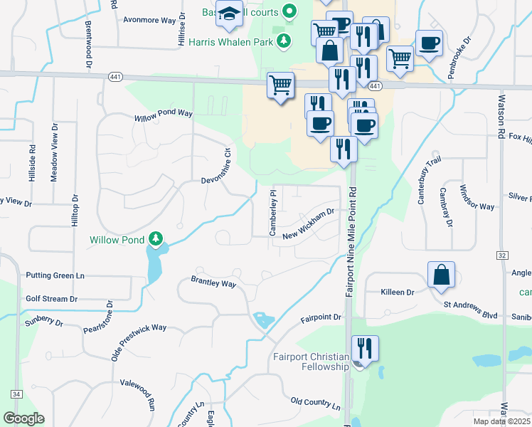 map of restaurants, bars, coffee shops, grocery stores, and more near 35 Camberley Place in Penfield