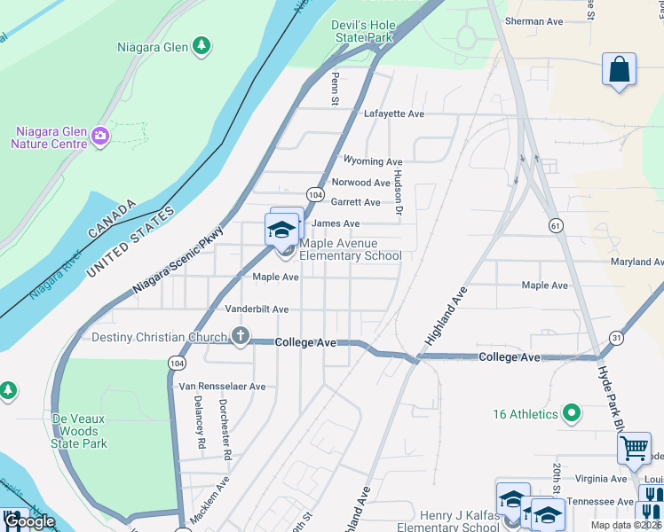 map of restaurants, bars, coffee shops, grocery stores, and more near 1208 Maple Avenue in Niagara Falls