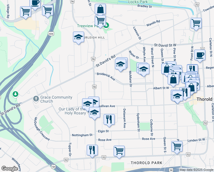 map of restaurants, bars, coffee shops, grocery stores, and more near 35 Parkdale Drive in Thorold